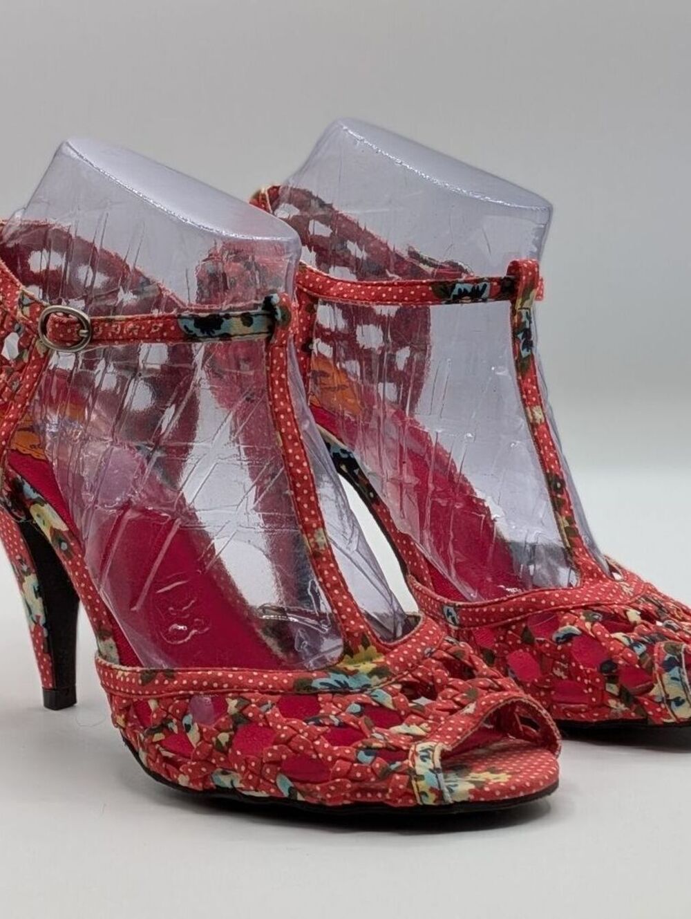 Rocket Dog $69 Sz 9.5 Red Cotton Floral Polka Dot Oak T-Strap 4" Heeled Sandals
